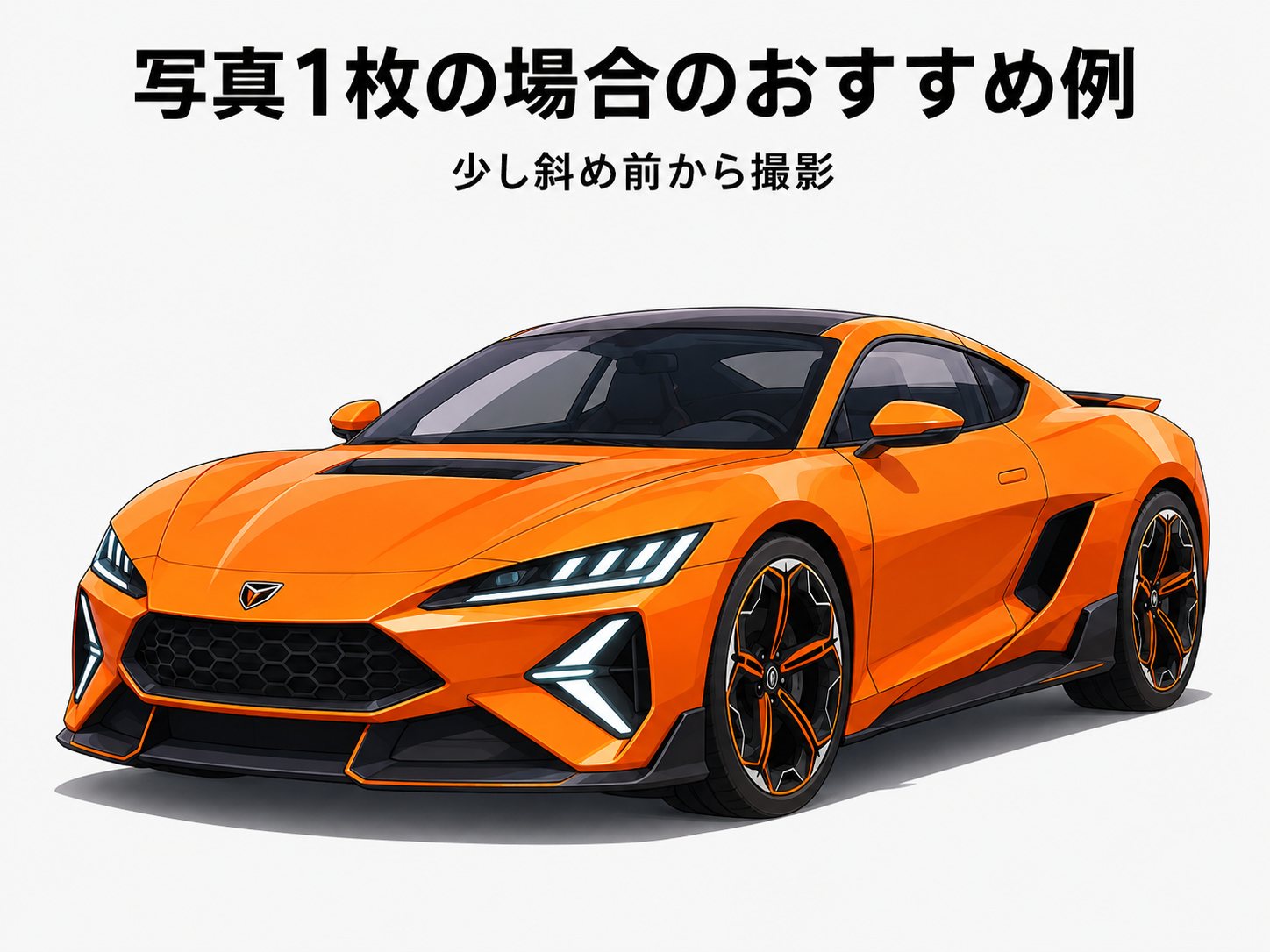 少し斜め前から撮影した架空のオレンジ色スポーツカー